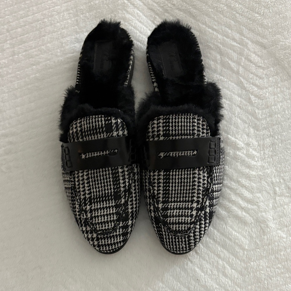 J. Crew Black and White Houndstooth Fur-Lined Mules